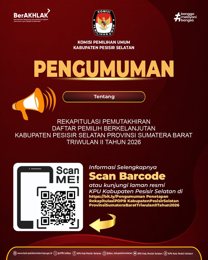 PENGUMUMAN REKAPITULASI PEMUTAKHIRAN DAFTAR PEMILIH BERKELANJUTAN TRIWULAN II (DUA) TAHUN 2026