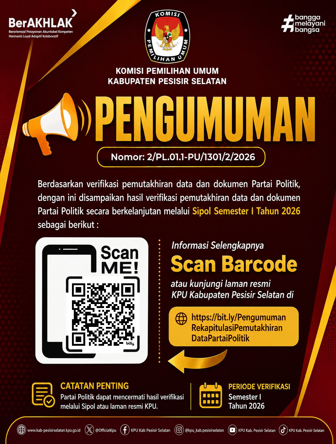PENGUMUMAN HASIL PEMUTAKHIRAN PARTAI POLITIK SEMESTER I TAHUN 2026